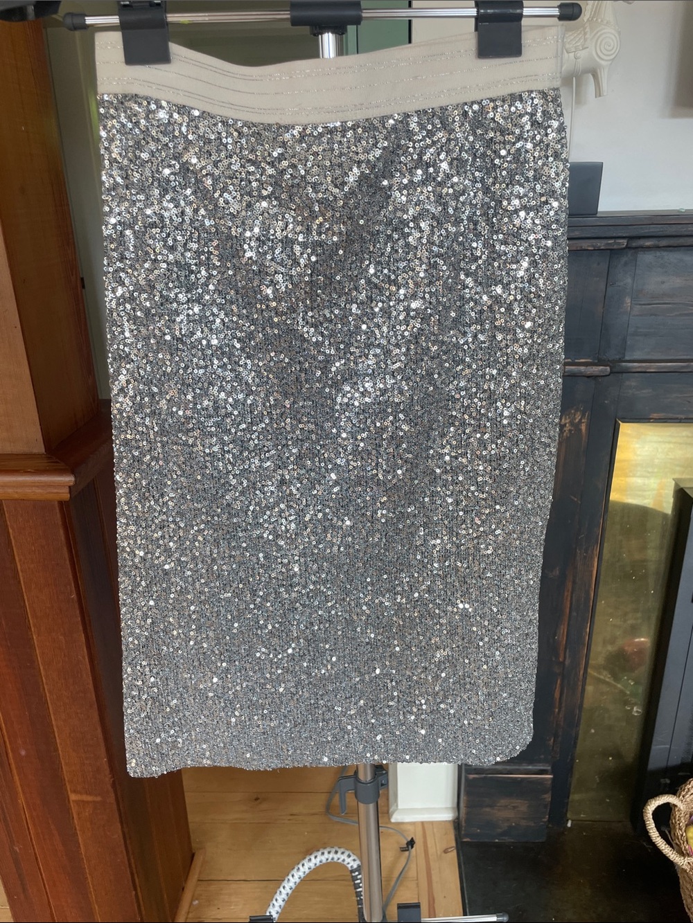 Zara Silver Sequin Pencil Skirt with Cream Waistband